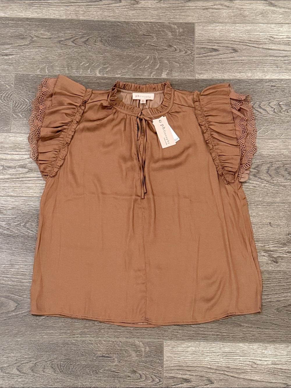 Philosophy Chocolate Brown Ruffle Sleeve Tie-Neck Blouse • NWT